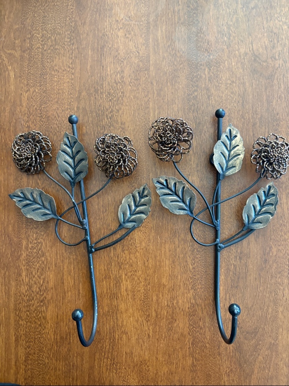 Metal Floral Wall Hooks in Bronze Finish - Set of 2